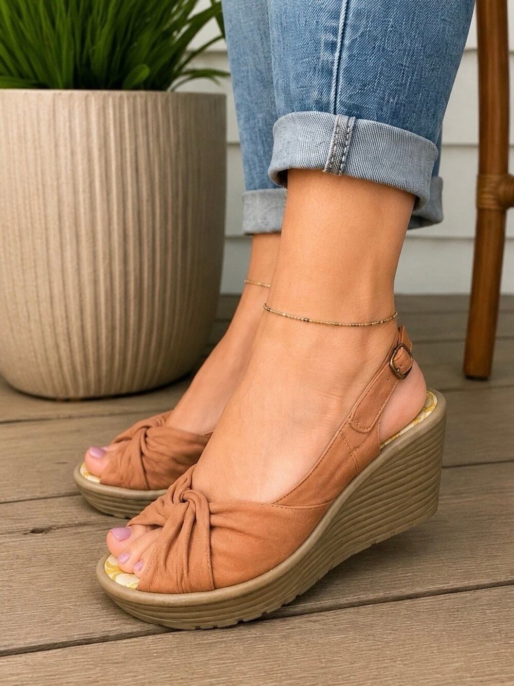 Fly London Rose Tan Leather Yata Platform Wedge Sandal Sz.41(US 10) NWB